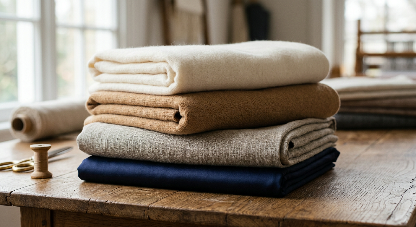 Folded stacks of cashmere, wool, linen and silk fabrics